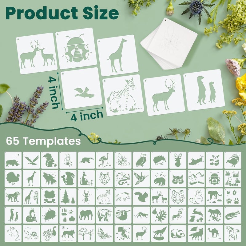 Amrules 65 Pcs Painting Stencils, Animals Theme Drawing Templates Set for Crafts, Reusable DIY Art Stencil Sets for Wood, Walls, Cards, Fabrics, Rocks and Home Decoration, 4 x 4 Inch - Image 2